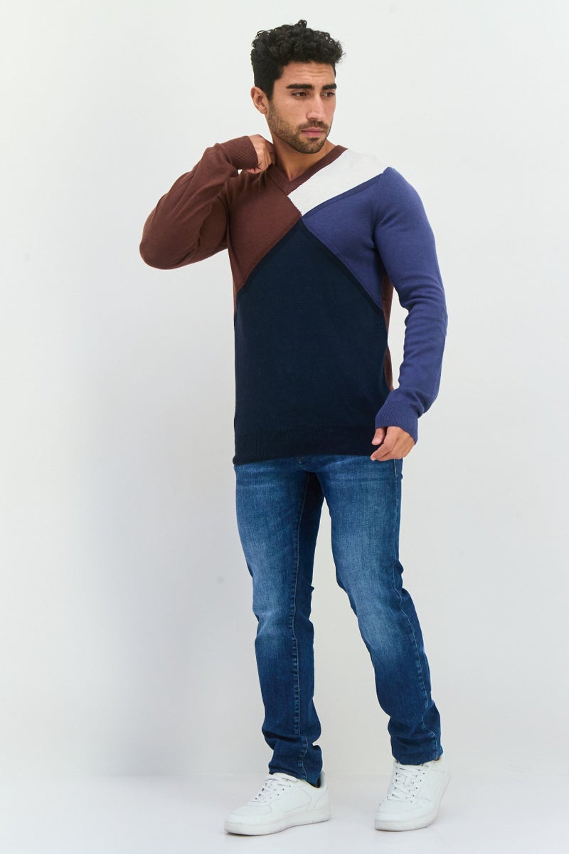 PERRY ELLIS سويت شيرت رجالي بأكمام طويلة على شكل حرف V، ملون، كحلي - Image 4