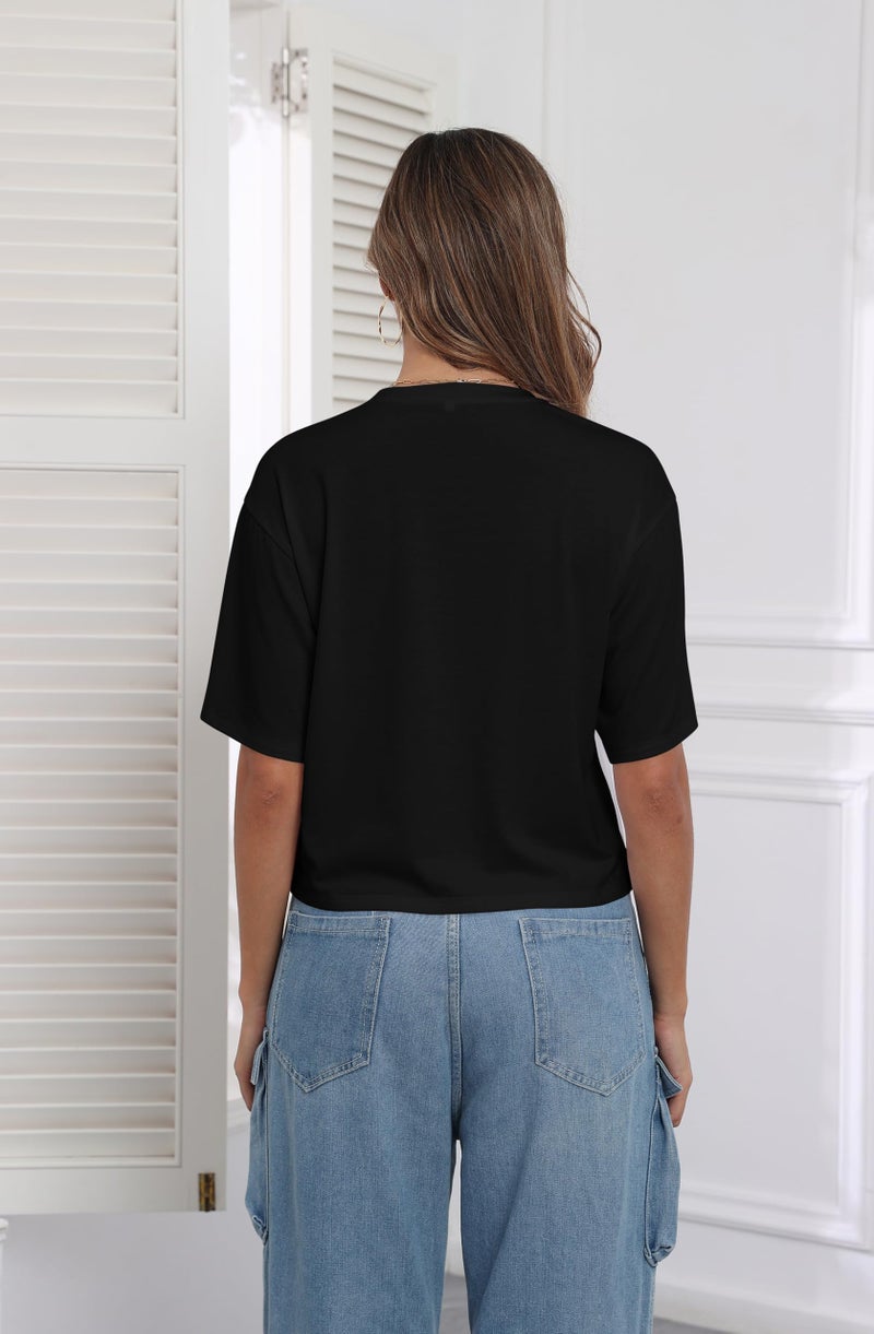 PRIMODA Women's Loose Fit Cropped T Shirts Crew Neck Half Sleeve Crop Tops Tee Shirts (Black S) - Image 5