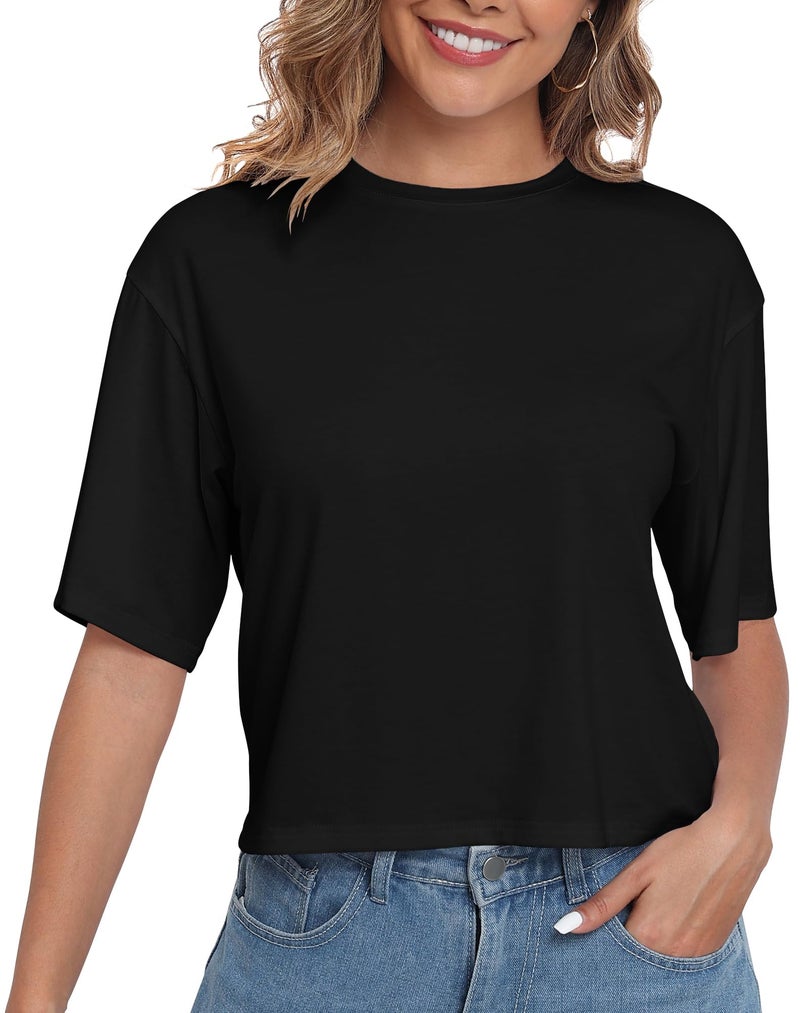 PRIMODA Women's Loose Fit Cropped T Shirts Crew Neck Half Sleeve Crop Tops Tee Shirts (Black S) - Image 1