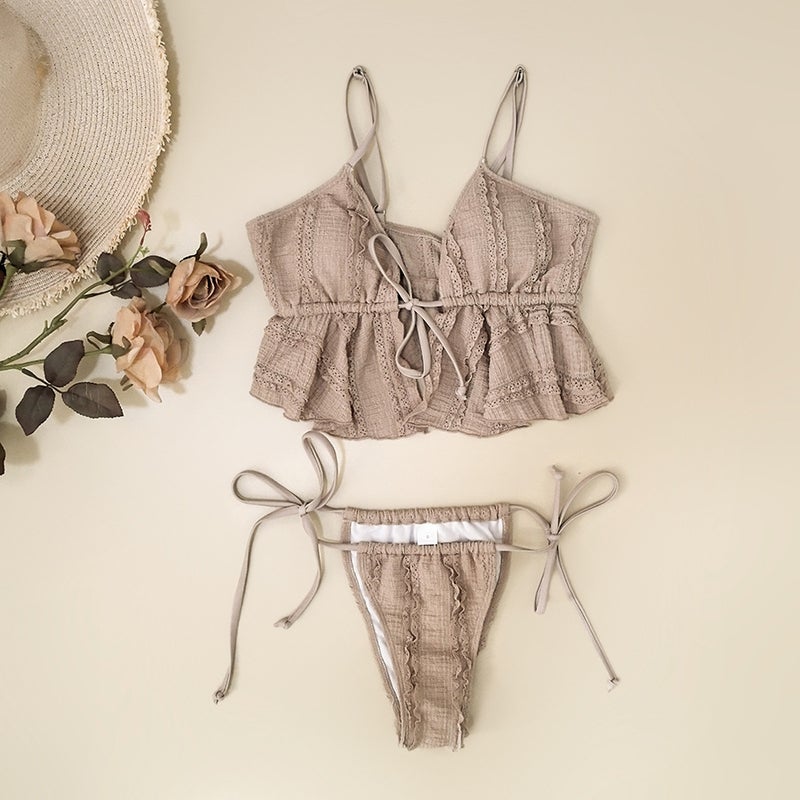 Khaki Ruffled Chest Strap Bikini Spell A Lot Of Ladies Swimwear - Image 1