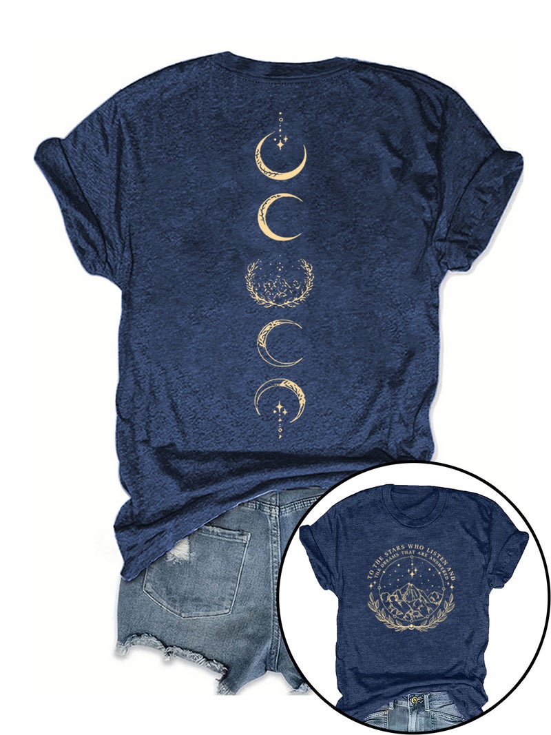 Summer Women'S Retro Moon Pattern Round Neck Short Sleeve Casual Fashion Explosions T-Shirt - Image 2