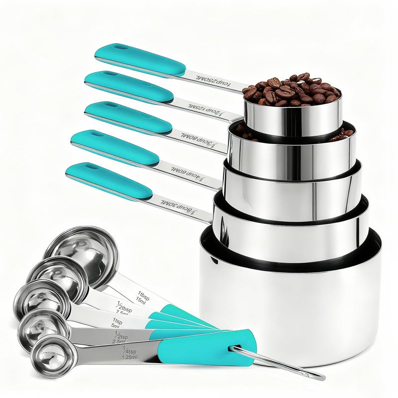 Bopei Measuring Cups and Spoons Set Stainless Steel 10 Piece for Cooking and Baking (5 Cups + 5 Spoons, Aqua Sky Handle) - Image 1