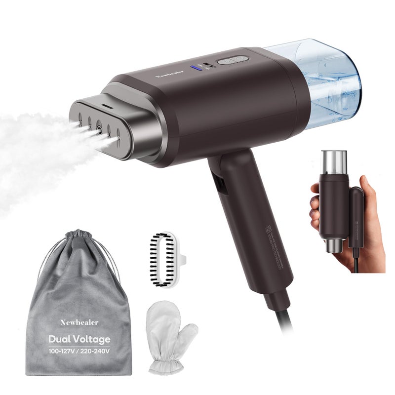 Newbealer جهاز بخار الملابس ثنائي الجهد من نيوبيالر 120V220V 1200W بخار قوي للملابس للاستخدام المنزلي والسفر بخار أفقي ورأسي تسخين خلال 20 ثانية قابل للطي 172 رطل 180 مل بني