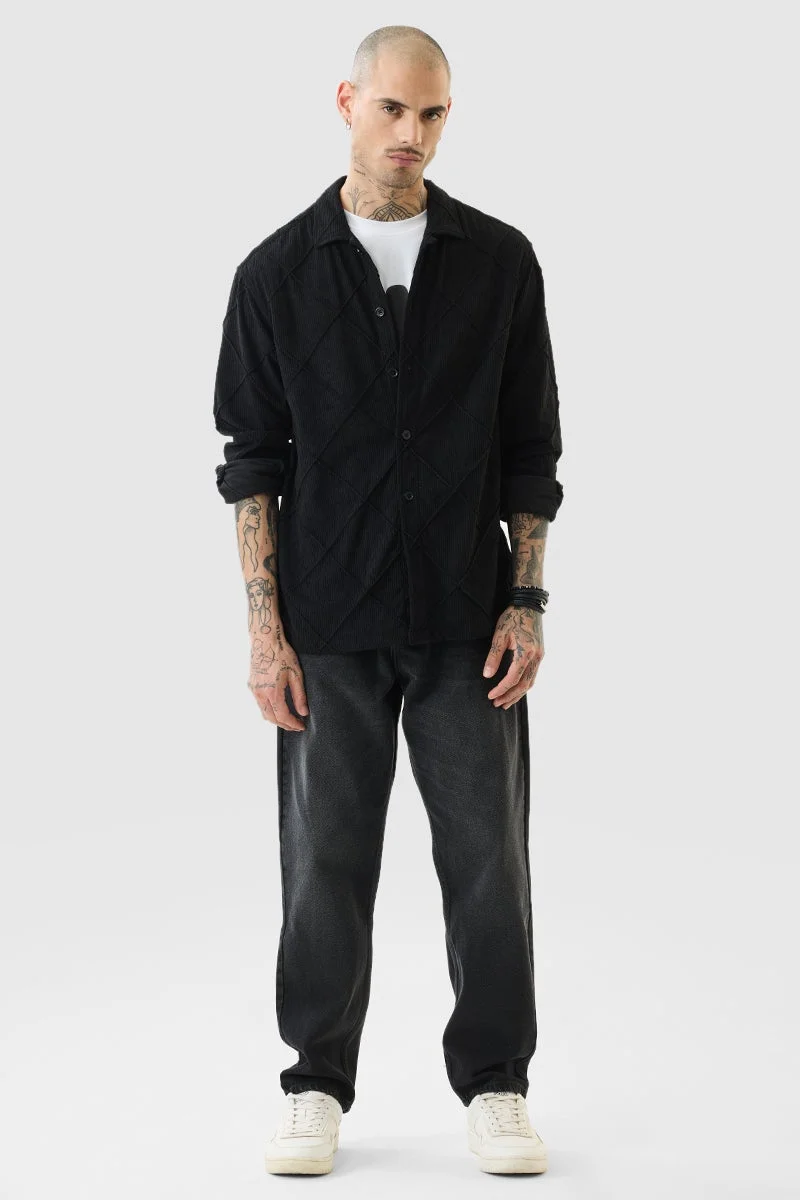 سنيتش قميص قطني مريح بياقة قميص من الكوردروي باللون الأسود