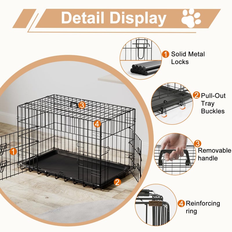 FDW 30inch Dog Crate Pet Cage with Metal Folding Design Plastic Tray Indoor Outdoor Dog Kennel Cage for Small and Medium Dogs,Black - Image 3