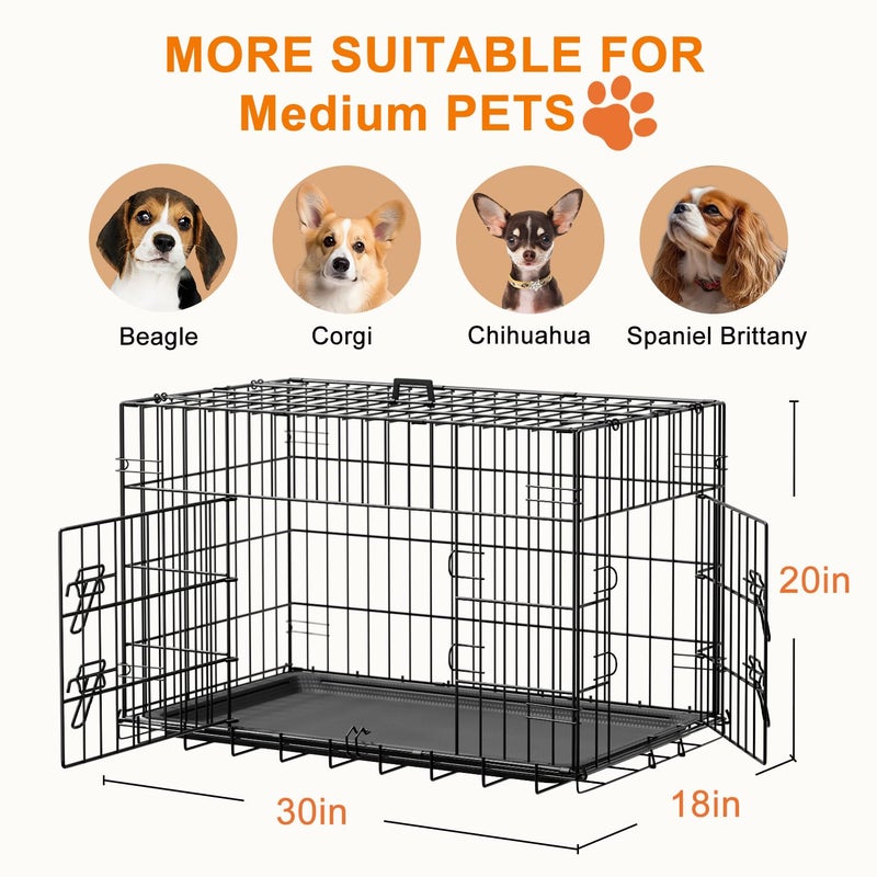 FDW 30inch Dog Crate Pet Cage with Metal Folding Design Plastic Tray Indoor Outdoor Dog Kennel Cage for Small and Medium Dogs,Black - Image 2