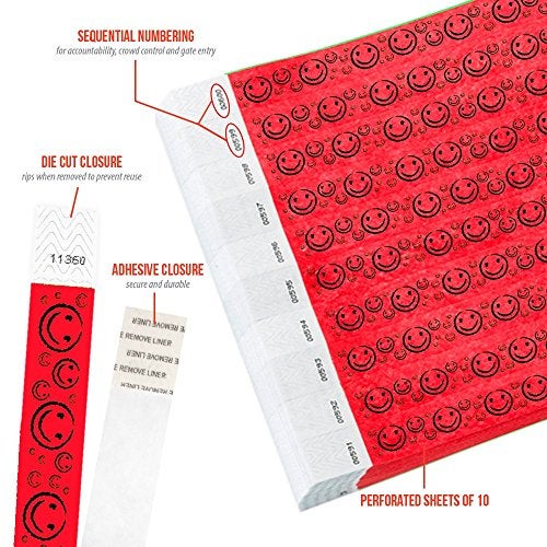 Wristco 200 WristCo Neon Red Smiley Face Tyvek Wristbands for Events - ¾” x 10” - Waterproof Recyclable Comfortable Tear Resistant Paper Bracelets Wrist Bands for Concerts Festivals Admission Party - Image 2