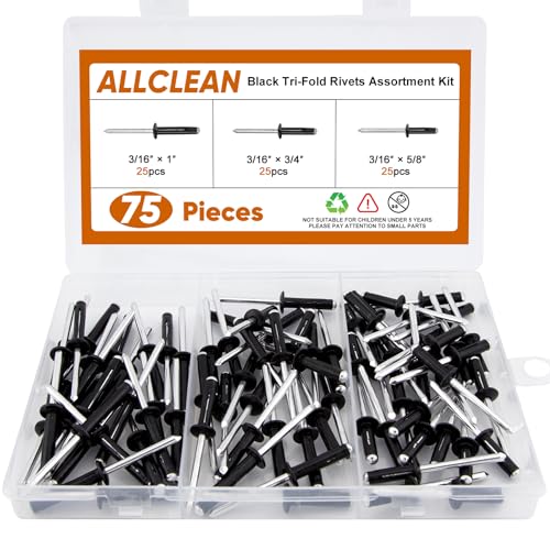 ALLCLEAN 3/16" x 5/8"-3/4"-1" Tri-Fold Rivets Assortment - 75Pcs,Black Tri-fold Exploding Pop Rivets Solid Aluminum Tri Grip Rivets Bulb Style Rivets for Kayak Marine Boat - Image 1