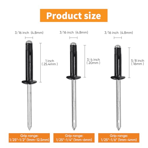 ALLCLEAN 3/16" x 5/8"-3/4"-1" Tri-Fold Rivets Assortment - 75Pcs,Black Tri-fold Exploding Pop Rivets Solid Aluminum Tri Grip Rivets Bulb Style Rivets for Kayak Marine Boat - Image 3