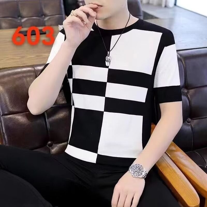 Men's New 2025 Summer Striped T-shirt Short-sleeved Trendy Ice Silk Half-sleeved Trendy Brand Casual Men's Thin T-shirt - Image 1