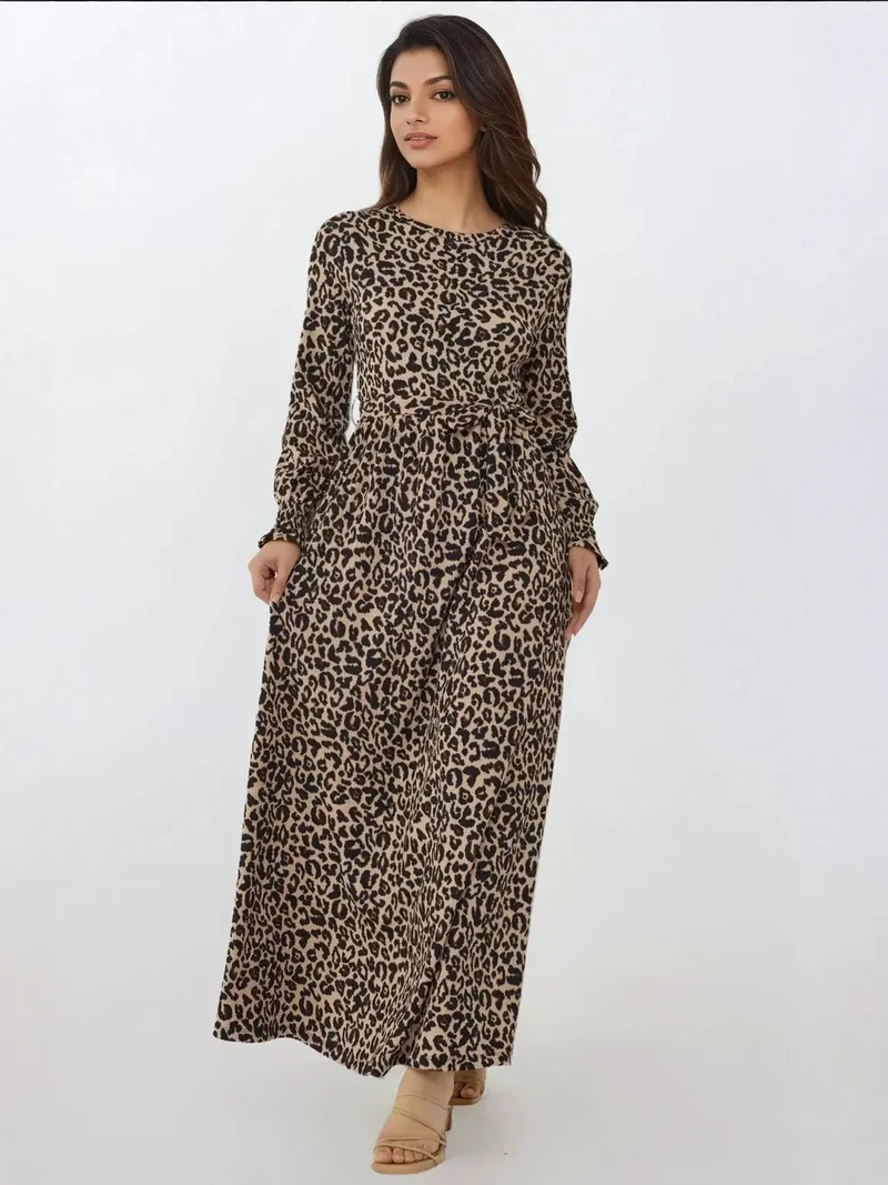 HICCUP Printed Crew Neck Maxi Dress with Belt