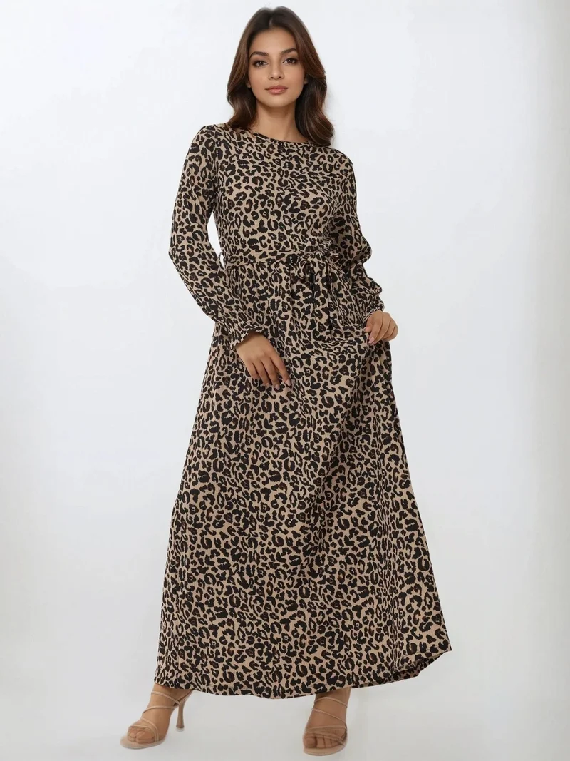 HICCUP Printed Crew Neck Maxi Dress with Belt