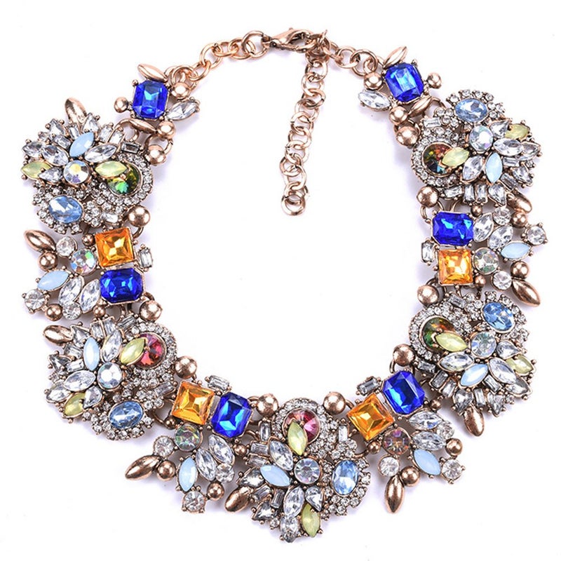Zthread Bib Statement Necklace Colorful Glass Crystal Collar Choker Necklace for Women Fashion Accessories (Blue+Green) - Image 1
