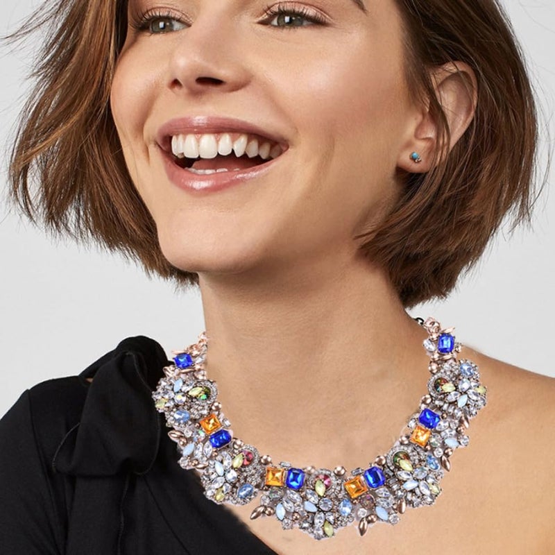 Zthread Bib Statement Necklace Colorful Glass Crystal Collar Choker Necklace for Women Fashion Accessories (Blue+Green) - Image 2