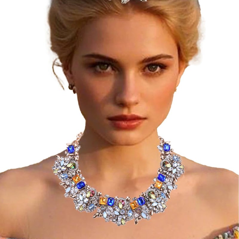 Zthread Bib Statement Necklace Colorful Glass Crystal Collar Choker Necklace for Women Fashion Accessories (Blue+Green) - Image 3
