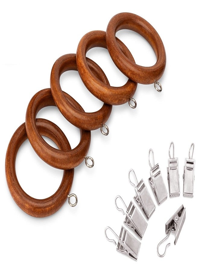 Wood Curtain Rings with Clips Set of 12, 1.5 Inch (Brown)