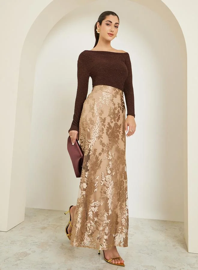Women Gold Lace Pencil Maxi Skirt