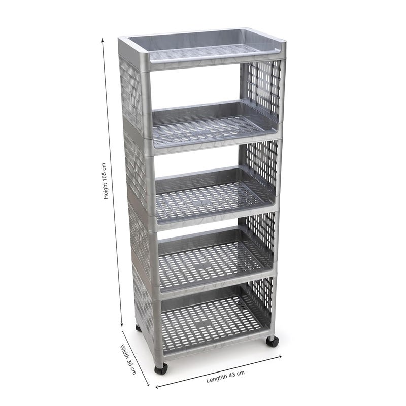 Morbrix 5 Layer Multipurpose Storage Organizer Shelves Plastic Kitchen Trolley Rack Rolling Cart Trolley with Wheels for Kitchen Home Office Silver - Image 2