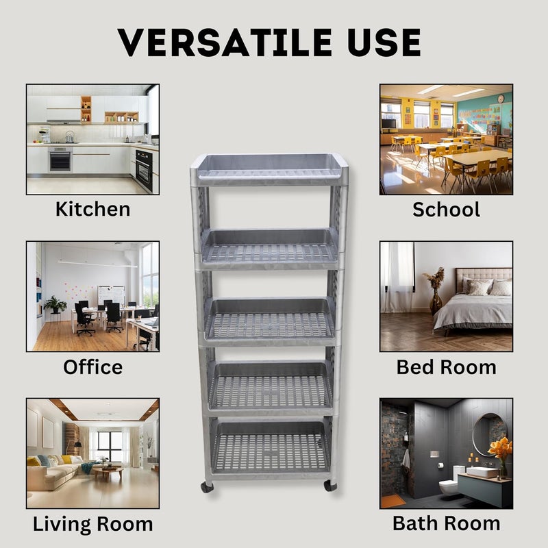 Morbrix 5 Layer Multipurpose Storage Organizer Shelves Plastic Kitchen Trolley Rack Rolling Cart Trolley with Wheels for Kitchen Home Office Silver - Image 4