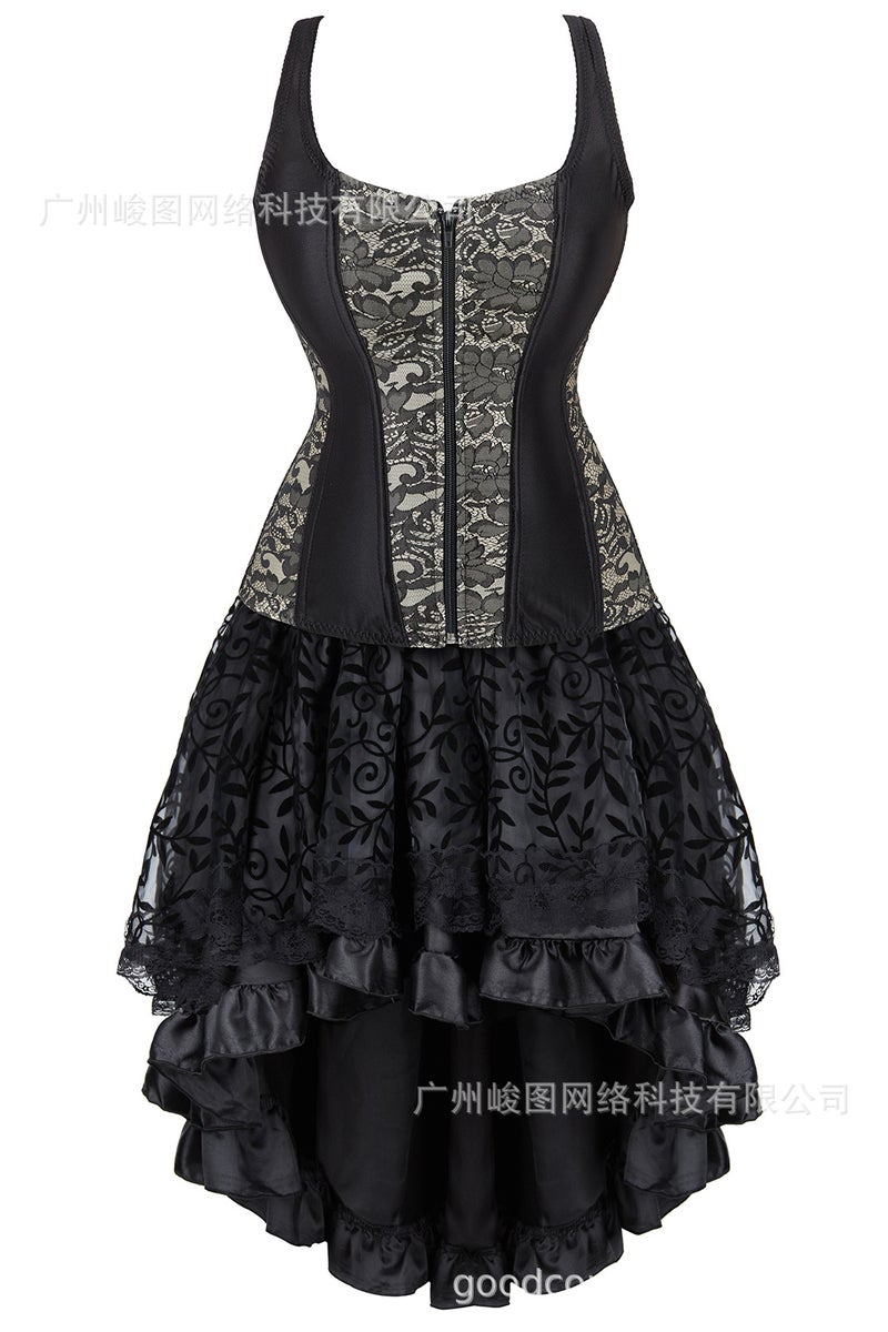 Classic Lotus Leaf Lace Jacquard Adjustable Court Body Shaping Split Set Flocking Luxury Long Dress - Image 1