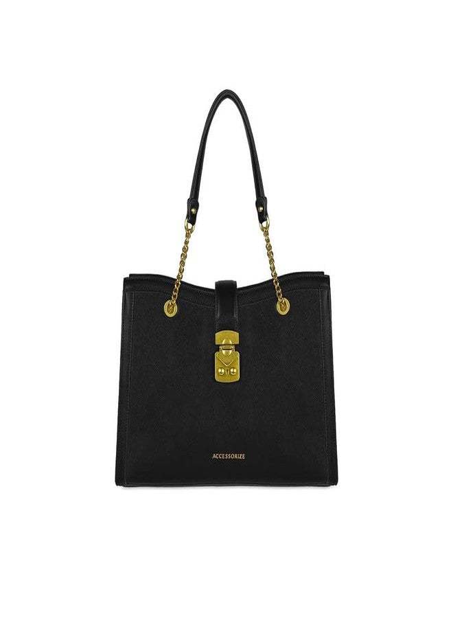 أكسيسورايز حقيبة يد نسائية سوداء من أكسسورايز لندن، بتصميم ريذم، مزودة بمقابض وسلسلة ذهبية وقفل | حقيبة يد أنيقة للعمل والمناسبات غير الرسمية - Image 1