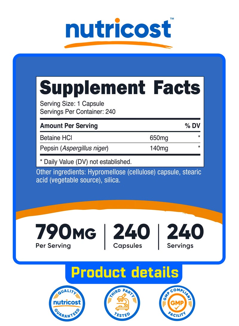Nutricost Betaine HCl + Pepsin, 240 Capsules - Image 2
