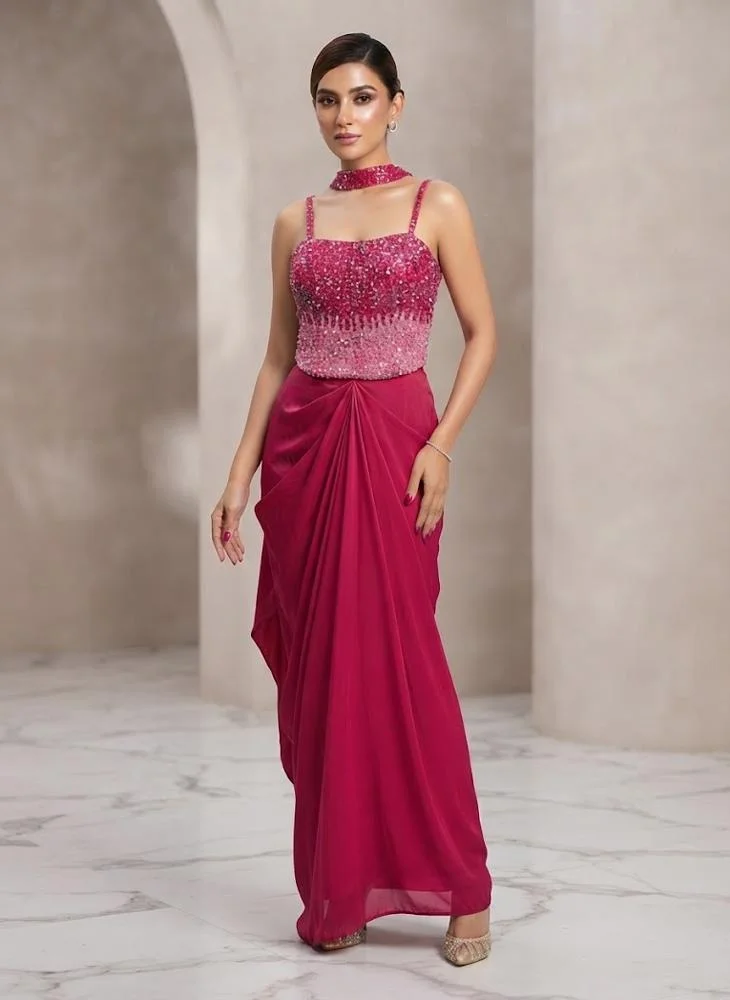 Viny VINY Fuchsia Ombre Sequin Choker Neck Skirt Set – Women's Indian Ethnic Wear