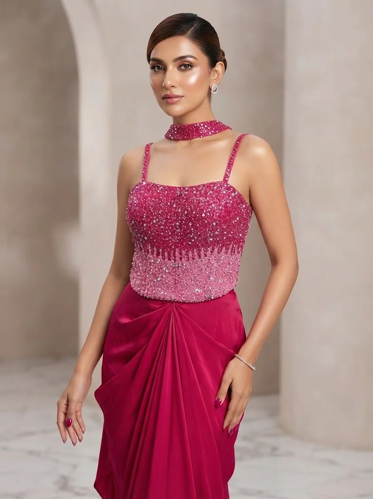 Viny VINY Fuchsia Ombre Sequin Choker Neck Skirt Set – Women's Indian Ethnic Wear