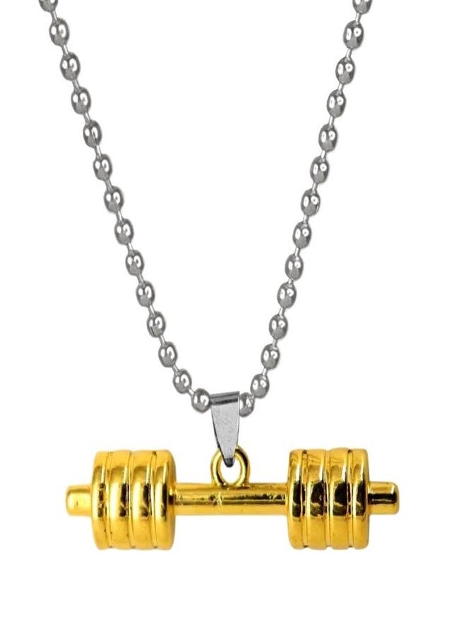 Bigwheels Golden Color Stainless Steel Weightlifting Fitness Gym Bodybuilding Sports Dumbbell Barbell Locket Pendant Necklace With Chain For Boy's And Girl's - Image 1