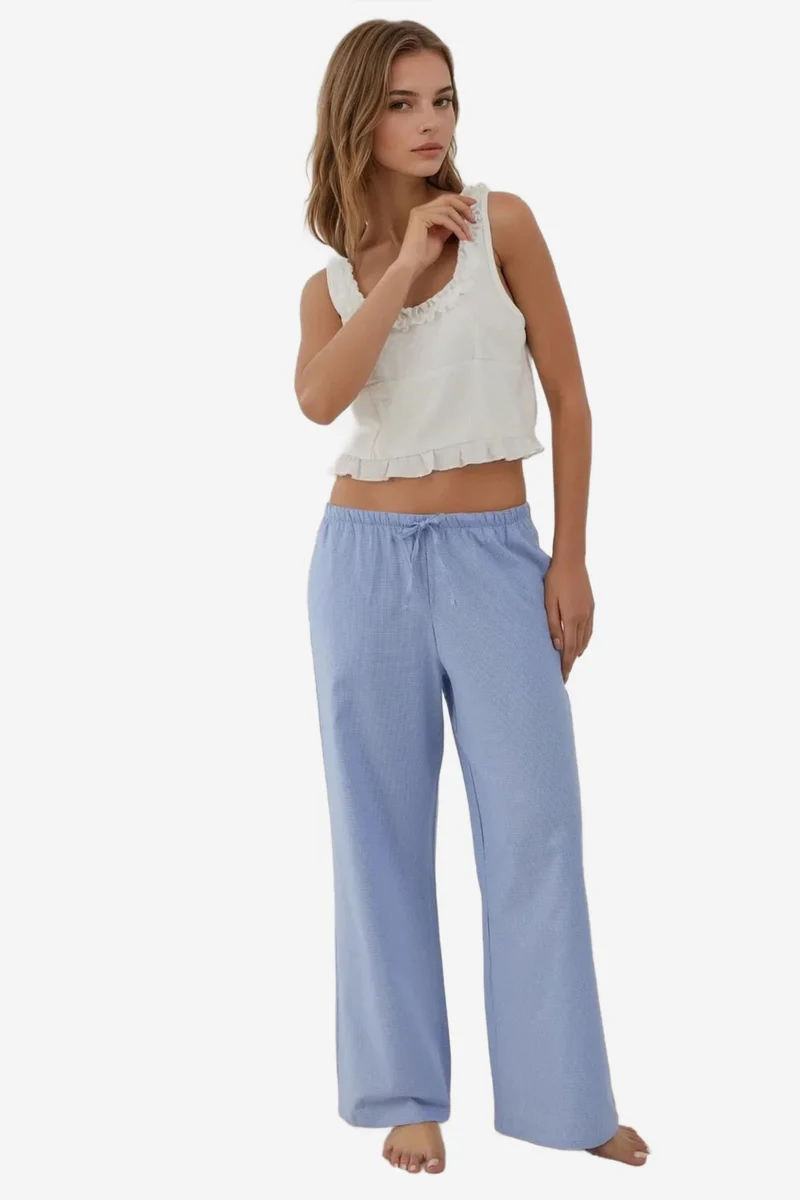 Hiccup Heart Detail Wide Leg Plaid Lounge Bottoms