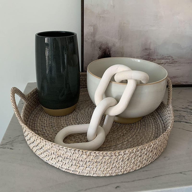 Hanlin Wood Chain Link Decor - Hand Carved Boho Decorative Chain, Farmhouse Decor, Sustainable Pine, Coffee Table Shelf for Home Living Room (White) - Image 1