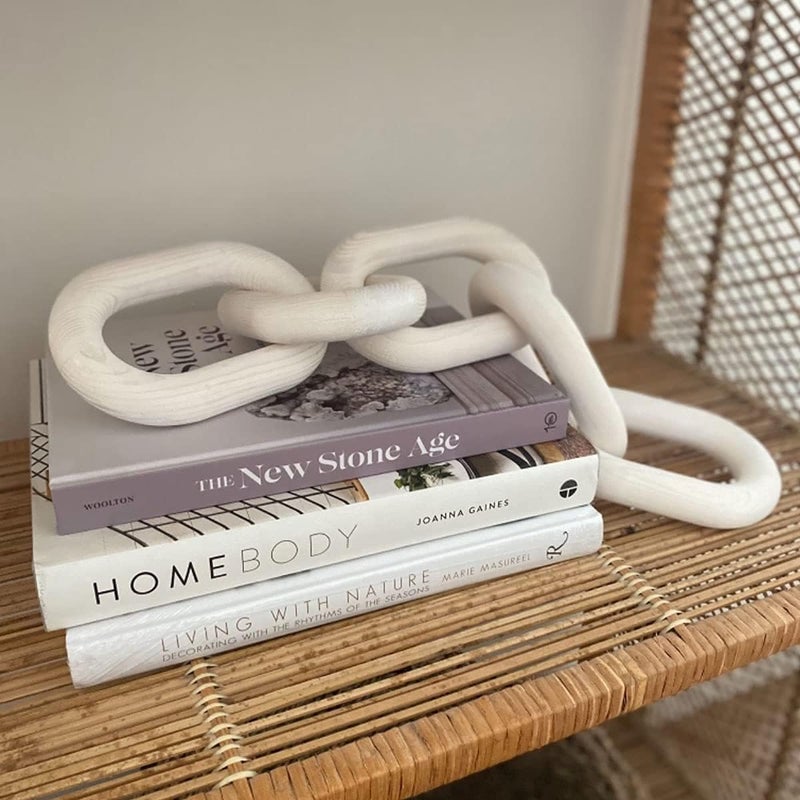 Hanlin Wood Chain Link Decor - Hand Carved Boho Decorative Chain, Farmhouse Decor, Sustainable Pine, Coffee Table Shelf for Home Living Room (White) - Image 2
