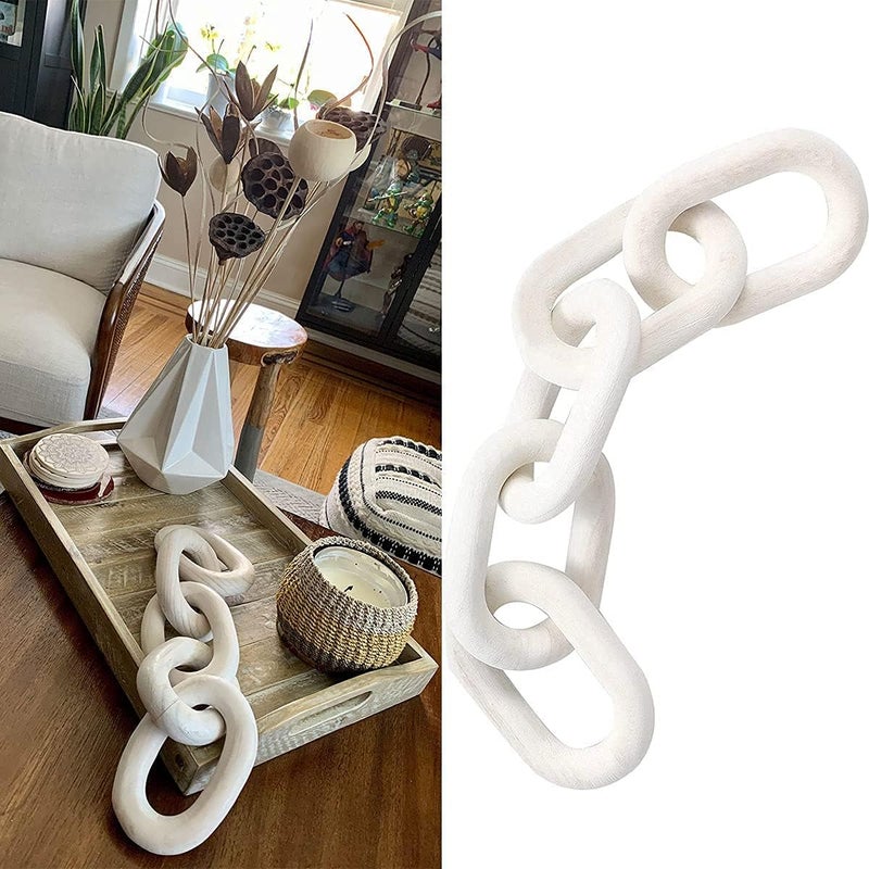 Hanlin Wood Chain Link Decor - Hand Carved Boho Decorative Chain, Farmhouse Decor, Sustainable Pine, Coffee Table Shelf for Home Living Room (White) - Image 5