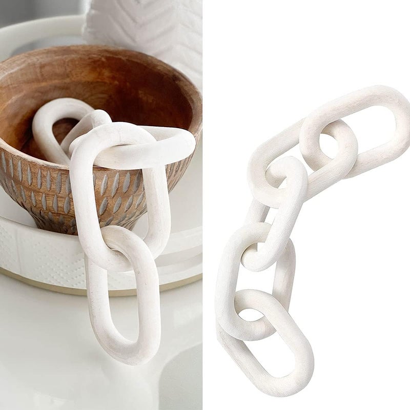 Hanlin Wood Chain Link Decor - Hand Carved Boho Decorative Chain, Farmhouse Decor, Sustainable Pine, Coffee Table Shelf for Home Living Room (White) - Image 4