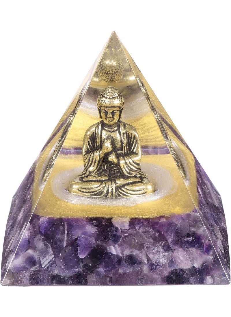 SUNYIK SUNYIK Brass Buddha Statue Amethyst Orgone Pyramid, Polished Chip Crystal Stones Energy Generator for Protection & Reiki Healing Home Office Decor 