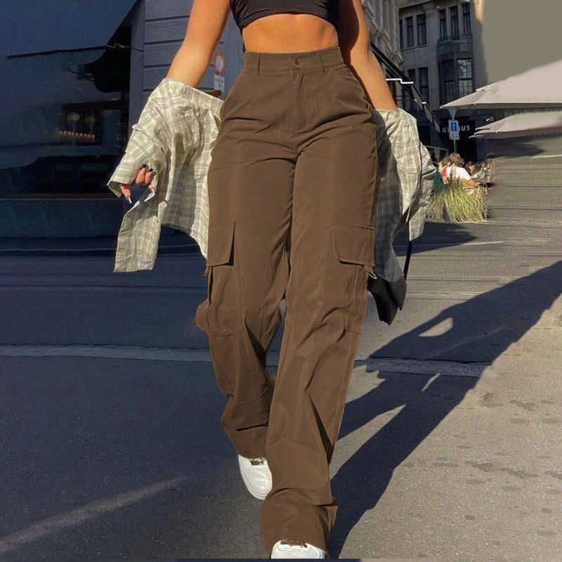 Women's Street Style Multi-Pocket Cargo Straight Leg Pants High Waist Loose Fit Trousers