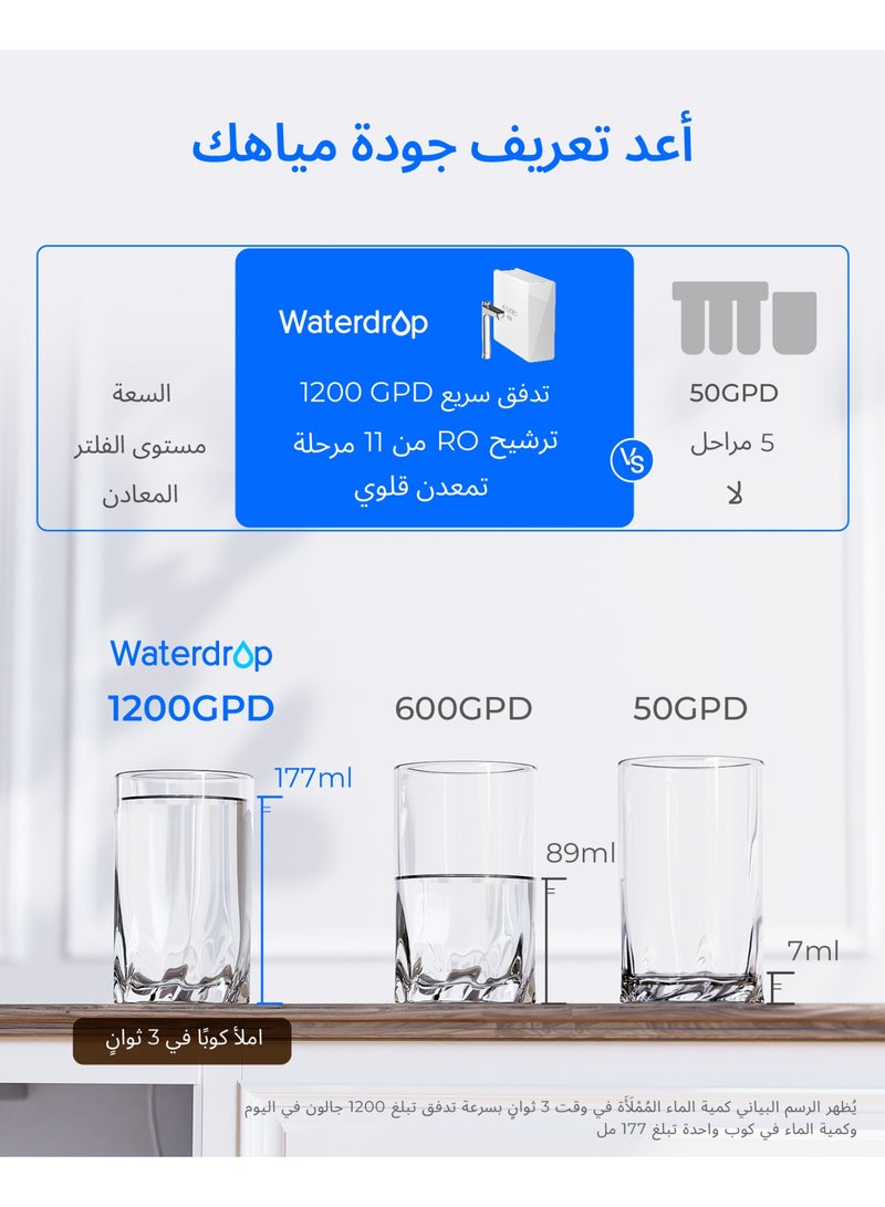 ووتر دروب نظام فلتر مياه بالتناضح العكسي، فلتر مياه بالتناضح العكسي من 11 مرحلة، يقلل من TDS، حمض بيرفلورو الاوكتانويك والكلور والفلورايد، 1200 جالون في اليوم، معدني قلوي، معتمد من NSF، خال من BPA - Image 3