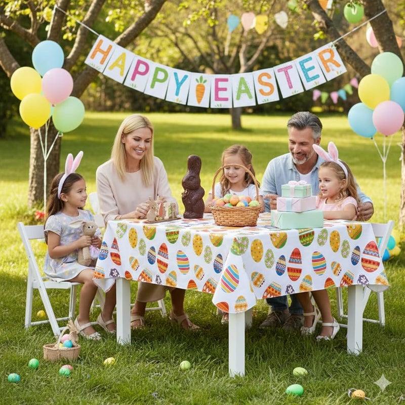 Fitable Easter Rectangle Table Cloth - 60x84 Inch Waterproof Colorful Egg Pattern Tablecloth Vinyl Wipe Clean Table Cover for Dining Table, Easter Dinner, Kitchen, Holiday Party - Image 2
