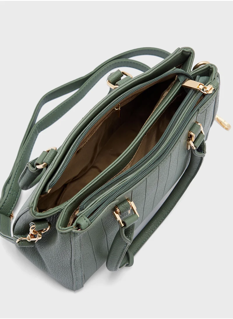 Khizana Textured Stripe Satchel Bag with Fob