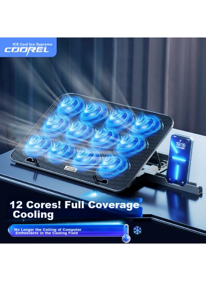ICE COOREL Kuorui Bingzun A9f 12-fan Laptop Cooler, Computer Desk Stand, Gaming Laptop Cooling Base, Tablet Cooling Fan With Phone Stand, Suitable For Lenovo, Apple, Huawei - Image 1