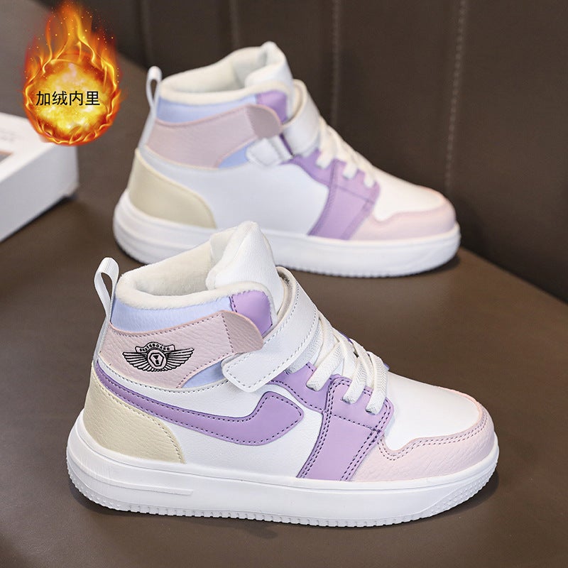 Boys' Cotton Shoes 2023 Winter New Children'S High-Top Sneakers Leather Surface For Older Boys With Plush Sports Cotton Shoes - Image 1