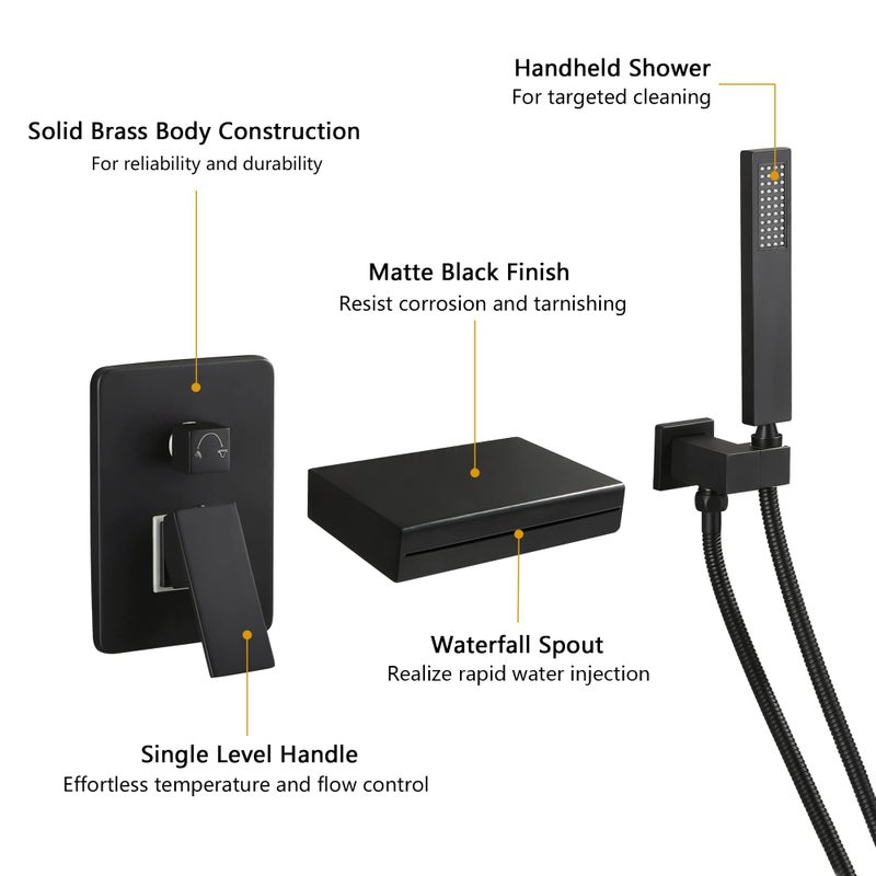 SKOWLL Modern Bathtub Faucet, Wall-Mounted Widespread with Hand Shower, Waterfall Spout, Single Lever, Matte Black - Image 3