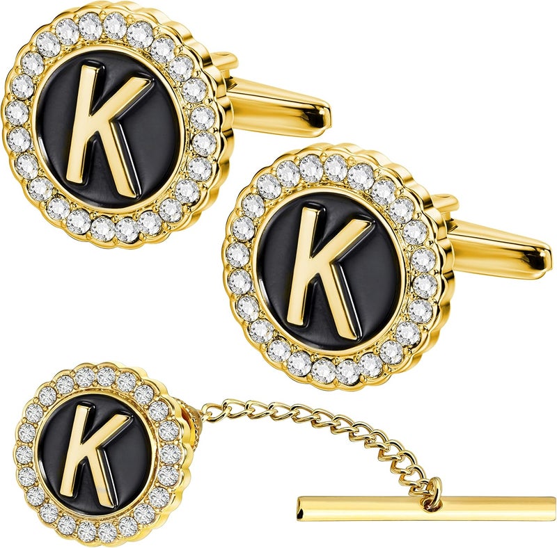 هاوسن Gold Cufflinks and Tie Tack for Men, Gold Cufflinks Crystal with Lapel Pins for Men's Women Set, Tie Tack with Chain on Tie Wedding Business Accessories - Image 1
