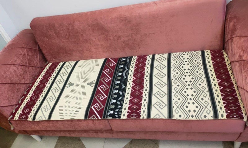 Generic Arabic Geometric Pattern Runner Rug, Chenille Jacquard Velvet, 70 x 195 cm, Multi-Purpose Floor Mat with Tassels, Burgundy and Beige .ms