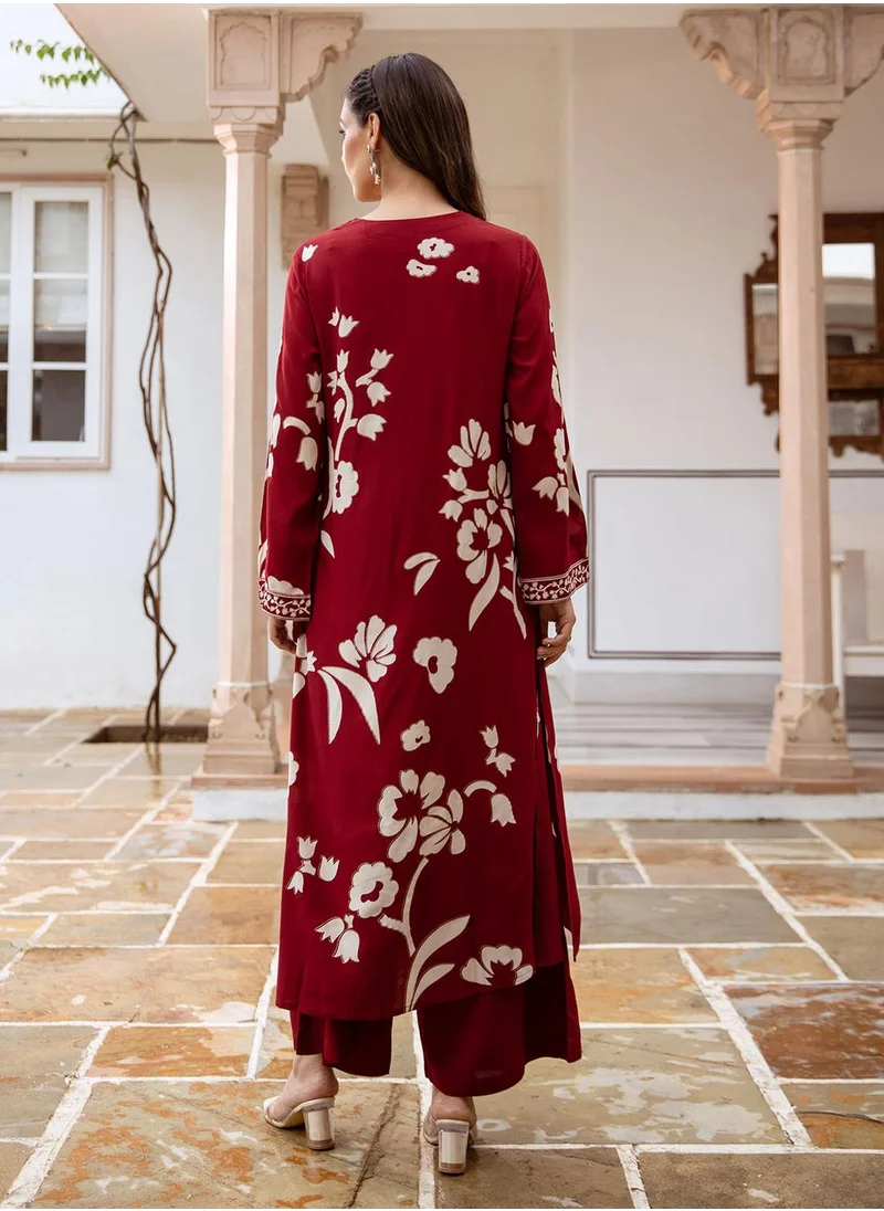 آي شين Women's Maroon Rayon Printed Tunic Full Length Palazzo Straight Fit Kurta Set