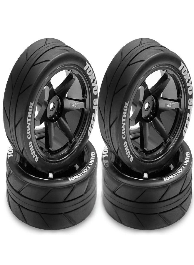 Dantenron 1/10 RC On Road Tires OD 65mm and Aluminum Street Wheels 12mm Hex Touring Tyres for 1:10 Rally Racing Drift Car Tamiya TT01 TT02 XV01 HPI KYOSHO HSP PTG2 Traxxas TA06 A959 PTG2 (Black) - Image 1