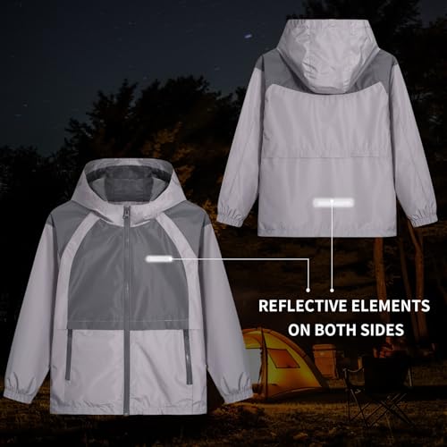 MGEOY Boys Rain Jacket Hood Lightweight Waterproof Raincoat Rain Coats for Kids Boy Gray Size 10-12 - Image 4