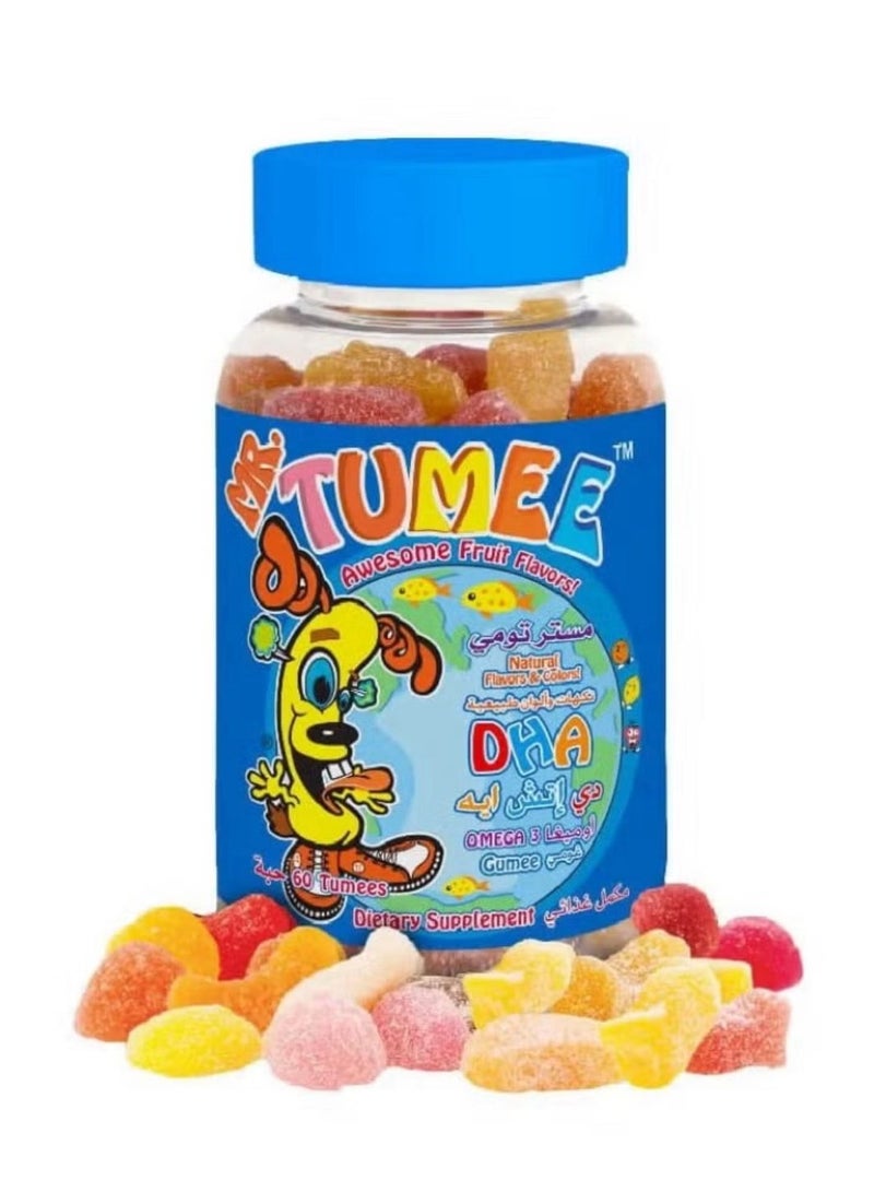 MR.TUMEE DHA Omega-3 Gumee Lemon, Orange And Strawberry Gelatin Free Chewable Nutritional Supplement Gummies Tablets Natural Flavors And Colors 60 Count Candy Vitamins