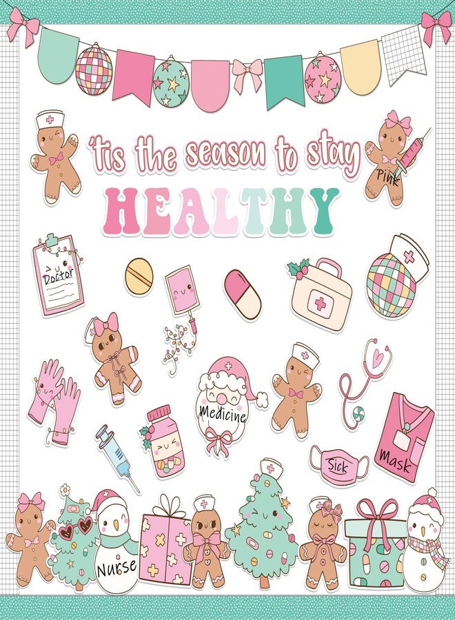 CPicdn 139Pcs Christmas Health Bulletin Board Decoration Set, Cute Gingerbread Man Nurse Paper Cutouts Cookie Name Tags Border Trims, Christmas Party Nursing School Classroom Supplies Wall Door Decor - Image 1