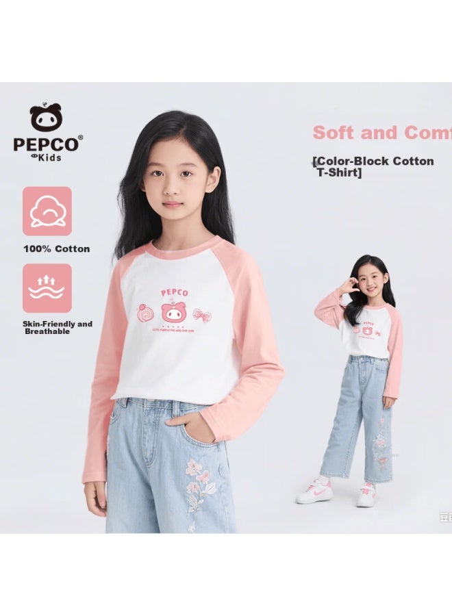 Pepco Girls' Long Sleeve T-shirt Spring Autumn New Pure Cotton Lightweight Patchwork Base Shirt Children's Spring Top - Image 1